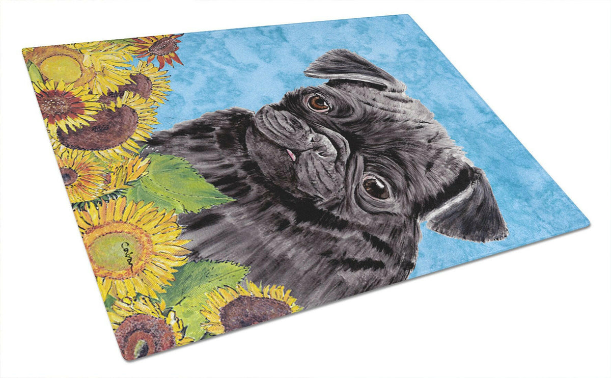Pug in Summer Flowers Cutting Board Tempered Glass Kitchen Cutting Surface, Heat Resistant Chopping, Non-Slip Feet, Food Prep & Serving