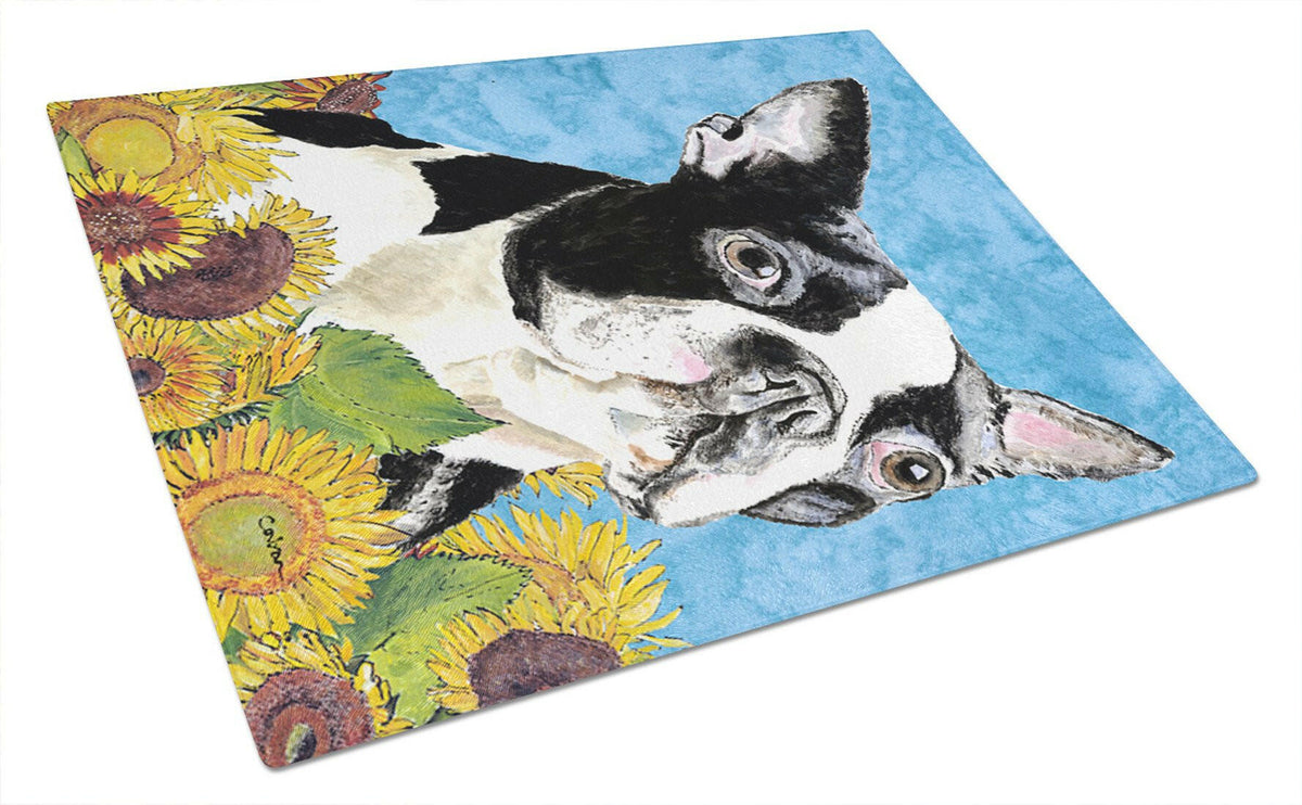 Boston Terrier in Summer Flowers Cutting Board Tempered Glass Kitchen Cutting Surface, Heat Resistant Chopping, Non-Slip Feet, Food Prep & Serving