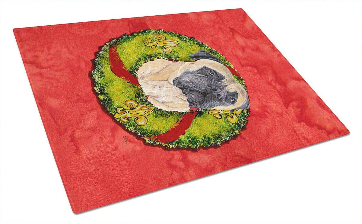 Mastiff Christmas Wreath Cutting Board Tempered Glass Kitchen Cutting Surface, Heat Resistant Chopping, Non-Slip Feet, Food Prep & Serving