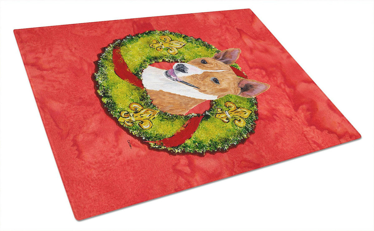 Basenji Christmas Wreath Cutting Board Tempered Glass Kitchen Cutting Surface, Heat Resistant Chopping, Non-Slip Feet, Food Prep & Serving