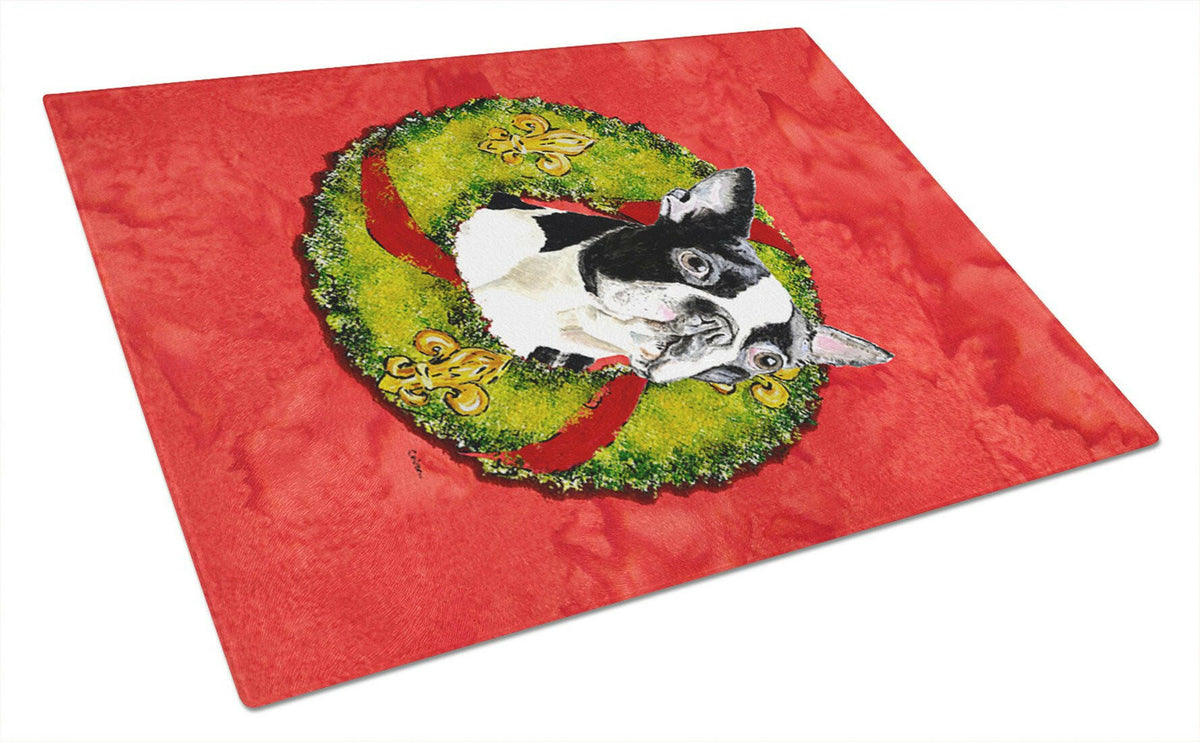 Boston Terrier Christmas Wreath Cutting Board Tempered Glass Kitchen Cutting Surface, Heat Resistant Chopping, Non-Slip Feet, Food Prep & Serving