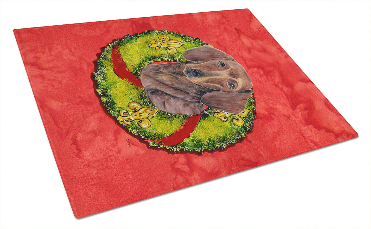 Dachshund Christmas Wreath Cutting Board Tempered Glass Kitchen Cutting Surface, Heat Resistant Chopping, Non-Slip Feet, Food Prep & Serving
