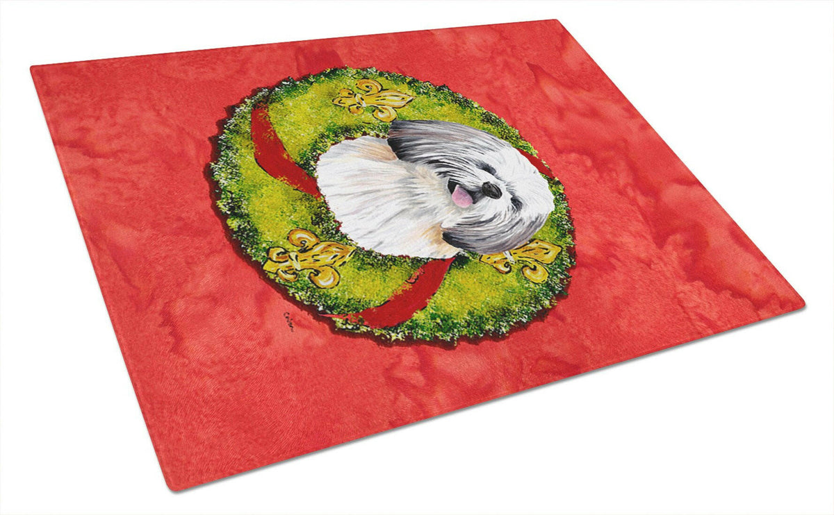 Shih Tzu Christmas Wreath Cutting Board Tempered Glass Kitchen Cutting Surface, Heat Resistant Chopping, Non-Slip Feet, Food Prep & Serving