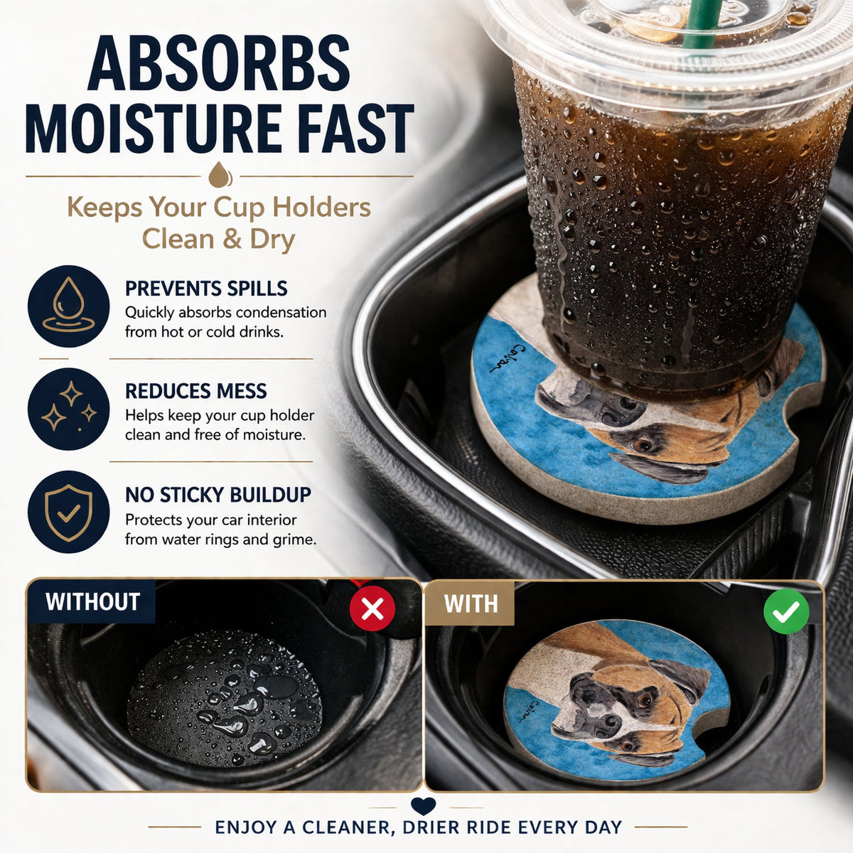 Blue Boxer Set of 2 Cup Holder Car Coasters Absorbent Round Sandstone Coasters Gifts for Men or Women, 2.5, Multicolor