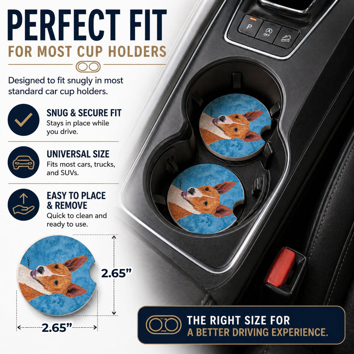 Blue Basenji Set of 2 Cup Holder Car Coasters Absorbent Round Sandstone Coasters Gifts for Men or Women, 2.5, Multicolor