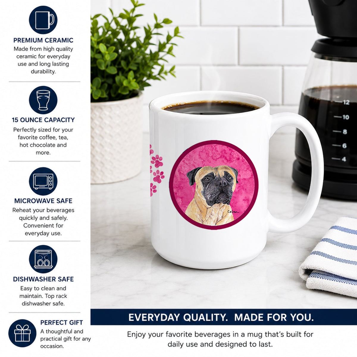 Pink Mastiff Ceramic Coffee Mug 15 oz Decorative Large C Handle Mug Cup for Tea, Cocoa Hot Chocolate