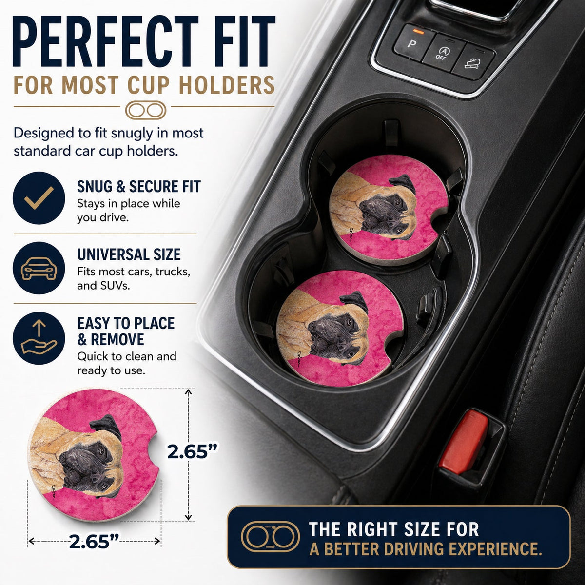 Pink Mastiff Set of 2 Cup Holder Car Coasters Absorbent Round Sandstone Coasters Gifts for Men or Women, 2.5, Multicolor