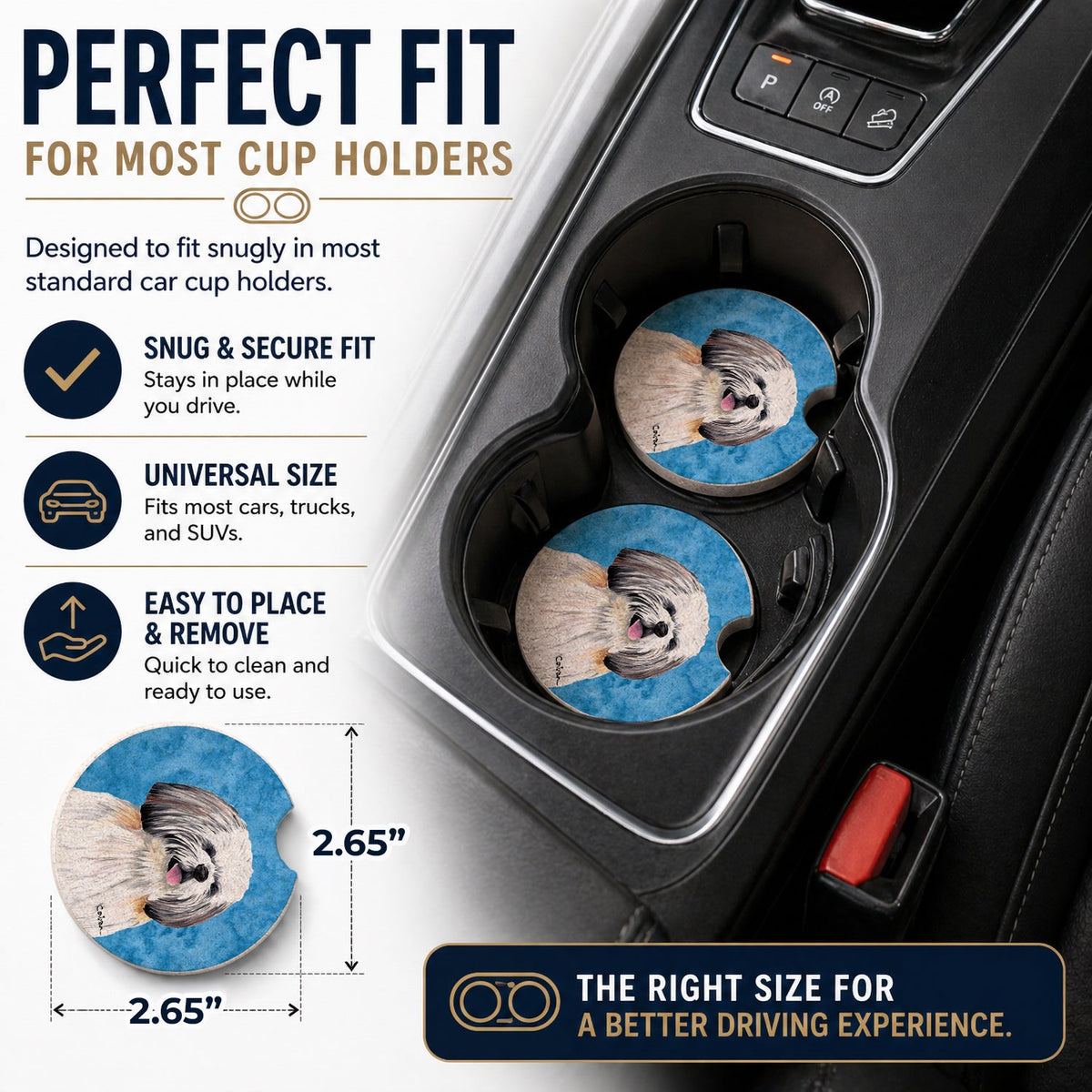 Blue Shih Tzu Set of 2 Cup Holder Car Coasters Absorbent Round Sandstone Coasters Gifts for Men or Women, 2.5, Multicolor