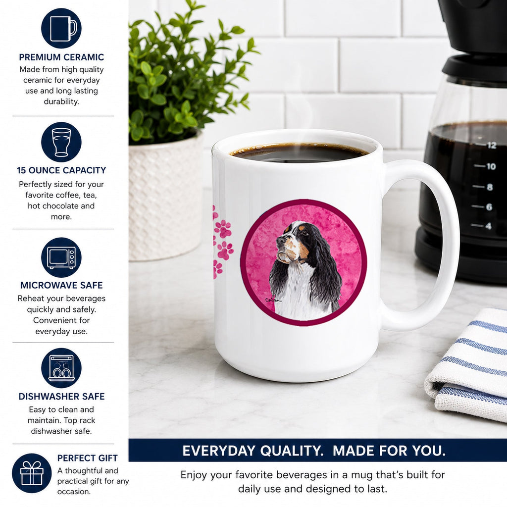 Pink Springer Spaniel Ceramic Coffee Mug 15 oz Decorative Large C Handle Mug Cup for Tea, Cocoa Hot Chocolate