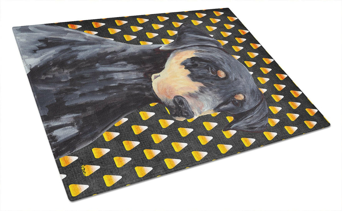 Doberman Natural Ears Candy Corn Halloween Portrait Cutting Board Tempered Glass Kitchen Cutting Surface, Heat Resistant Chopping, Non-Slip Feet, Food Prep & Serving