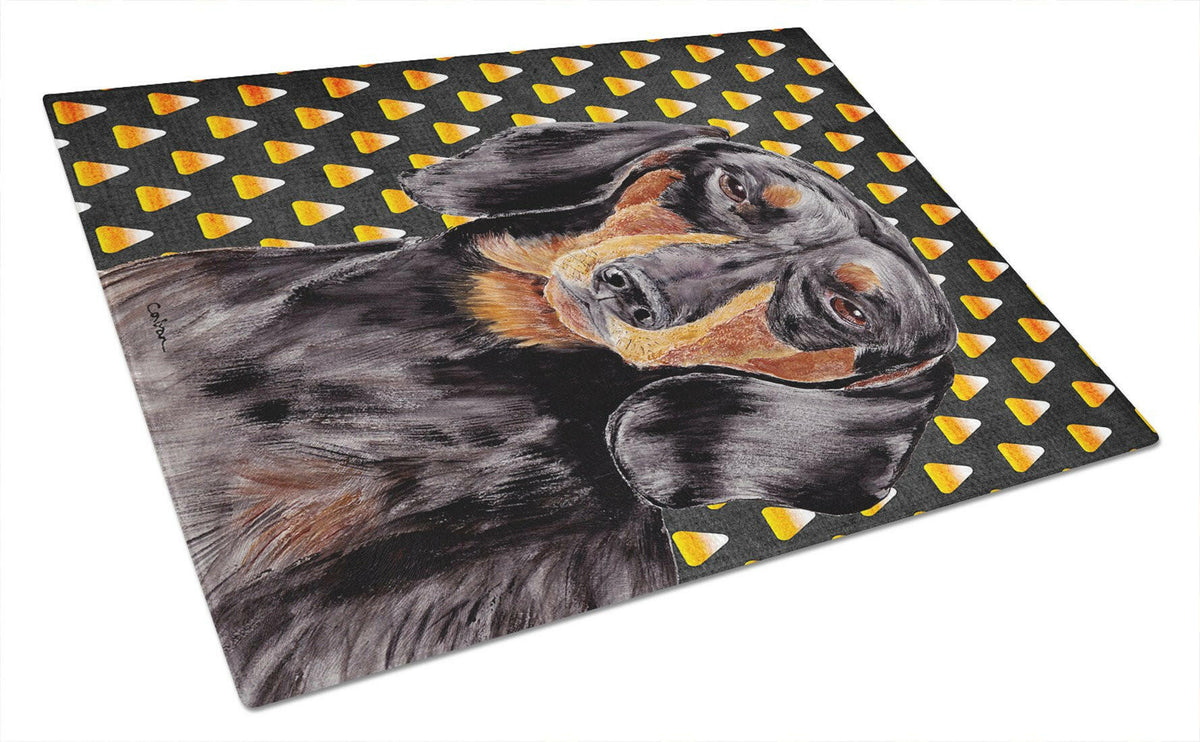 Dachshund Candy Corn Halloween Portrait Cutting Board Tempered Glass Kitchen Cutting Surface, Heat Resistant Chopping, Non-Slip Feet, Food Prep & Serving