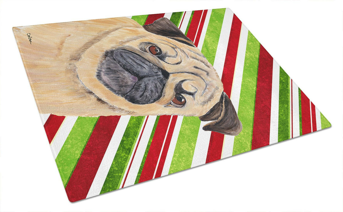 Pug Candy Cane Holiday Christmas Cutting Board Tempered Glass Kitchen Cutting Surface, Heat Resistant Chopping, Non-Slip Feet, Food Prep & Serving