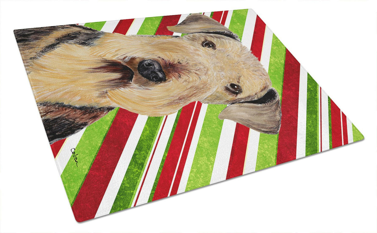 Airedale Candy Cane Holiday Christmas Cutting Board Tempered Glass Kitchen Cutting Surface, Heat Resistant Chopping, Non-Slip Feet, Food Prep & Serving