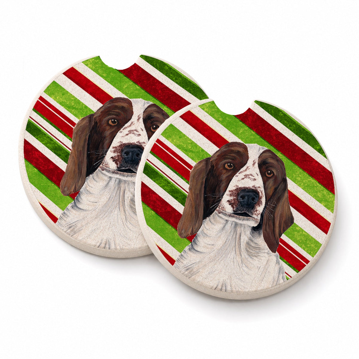 Welsh Springer Spaniel Candy Cane Holiday Christmas Set of 2 Cup Holder Car Coasters Absorbent Round Sandstone Coasters Gifts for Men or Women, 2.5, Multicolor