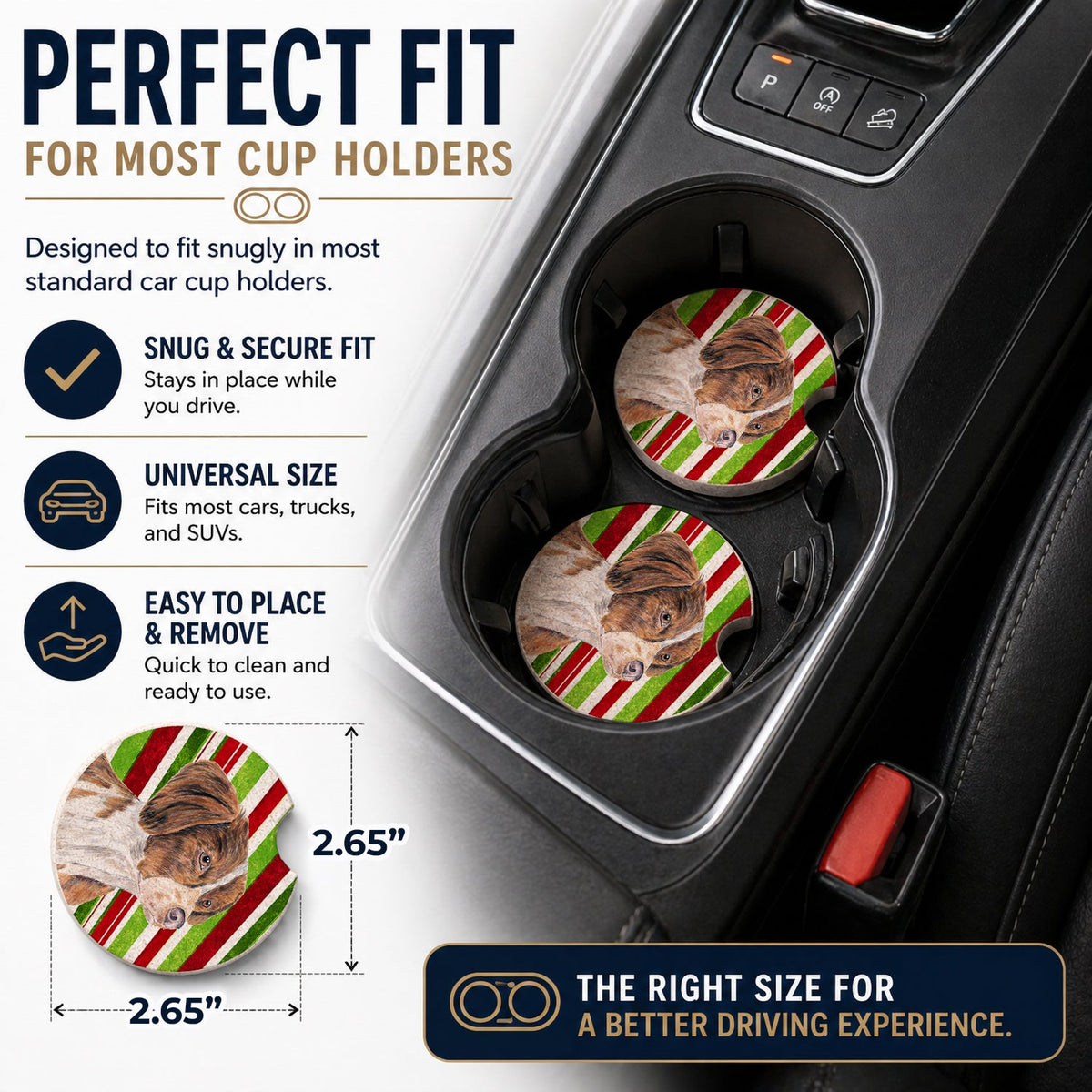 Brittany Candy Cane Holiday Christmas Set of 2 Cup Holder Car Coasters Absorbent Round Sandstone Coasters Gifts for Men or Women, 2.5, Multicolor