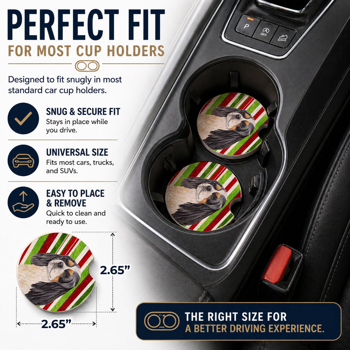 Cavalier Spaniel Candy Cane Holiday Christmas Set of 2 Cup Holder Car Coasters Absorbent Round Sandstone Coasters Gifts for Men or Women, 2.5, Multicolor