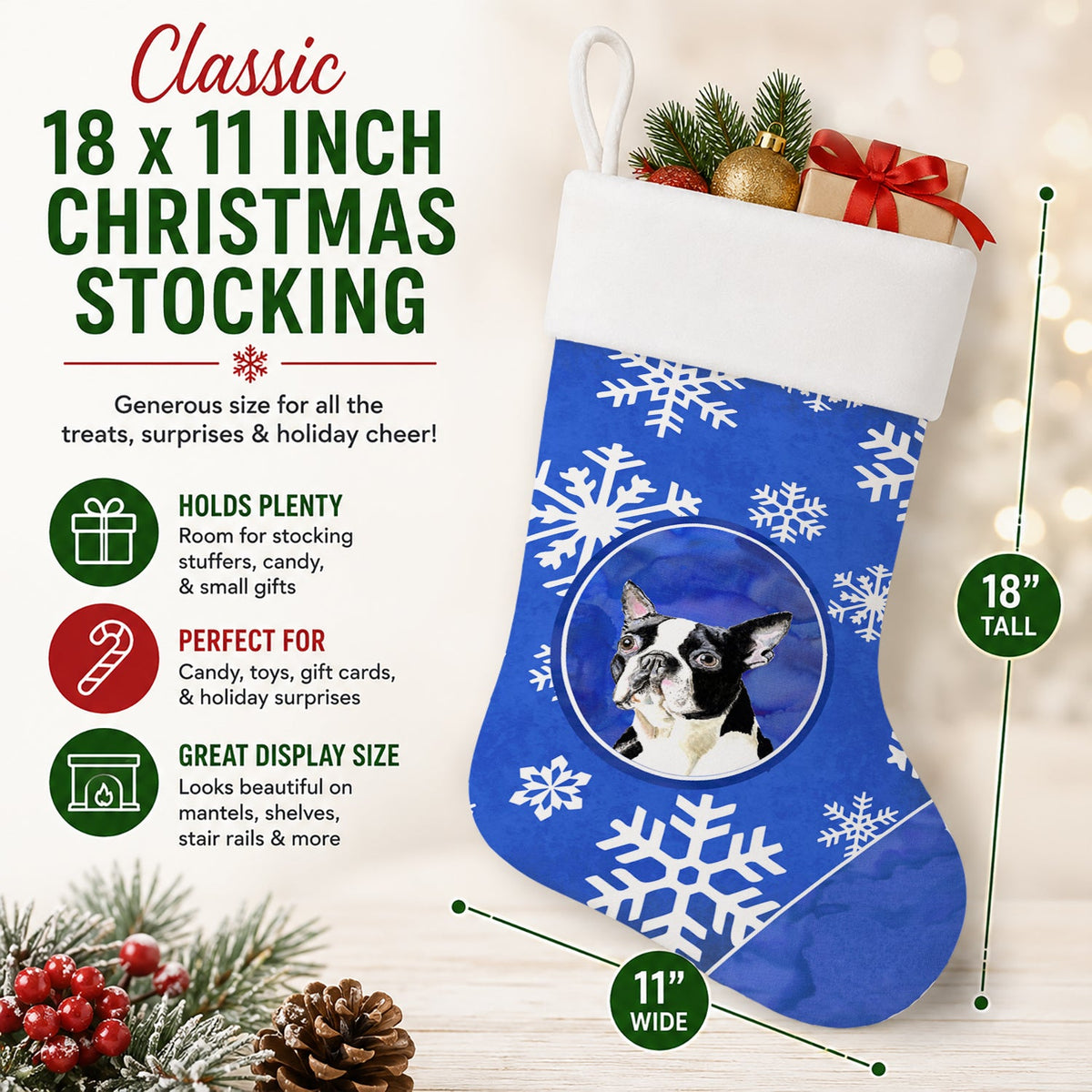 Boston Terrier Winter Snowflakes Holiday Holiday Stocking Double-Sided Print, Polyester Suede,11x18, Made in USA