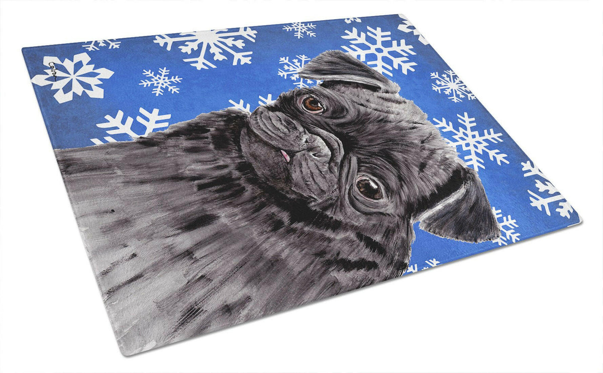 Pug Winter Snowflakes Holiday Cutting Board Tempered Glass Kitchen Cutting Surface, Heat Resistant Chopping, Non-Slip Feet, Food Prep & Serving