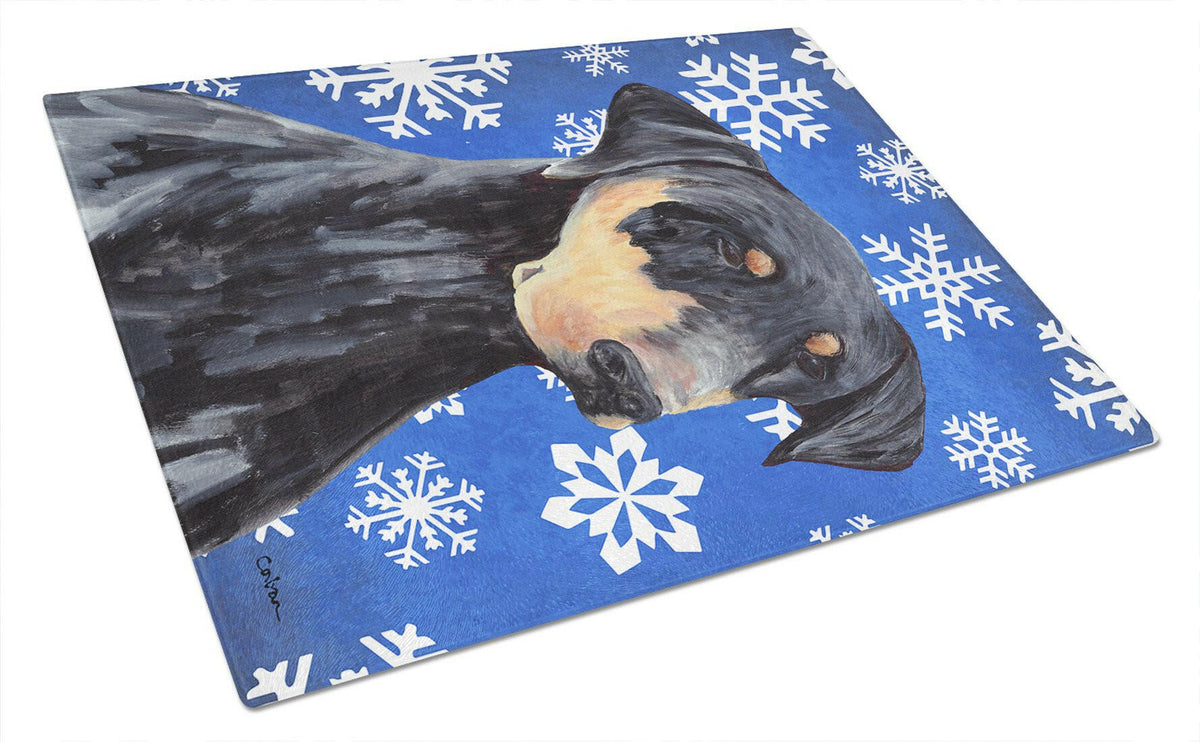 Doberman Winter Snowflakes Holiday Cutting Board Tempered Glass Kitchen Cutting Surface, Heat Resistant Chopping, Non-Slip Feet, Food Prep & Serving