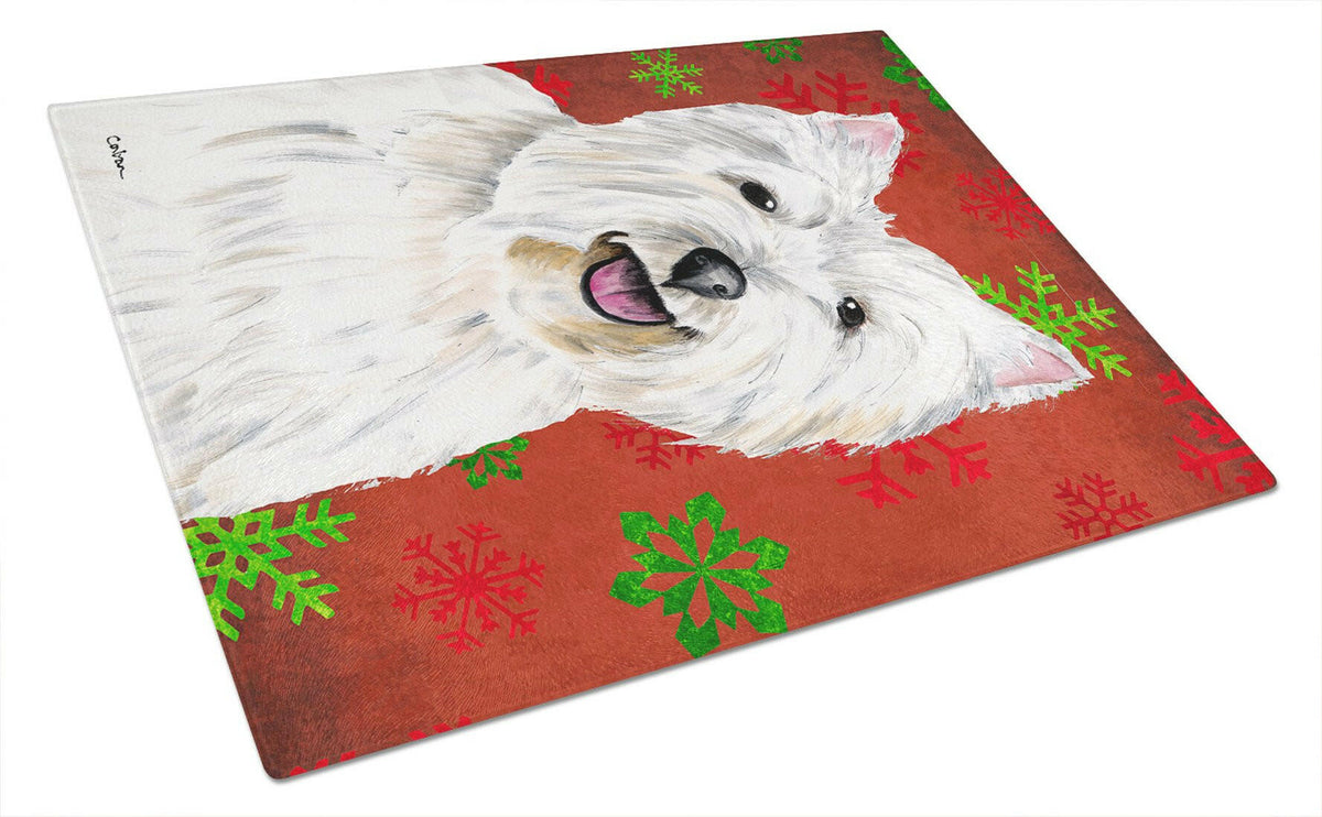 Westie Red and Green Snowflakes Holiday Christmas Cutting Board Tempered Glass Kitchen Cutting Surface, Heat Resistant Chopping, Non-Slip Feet, Food Prep & Serving