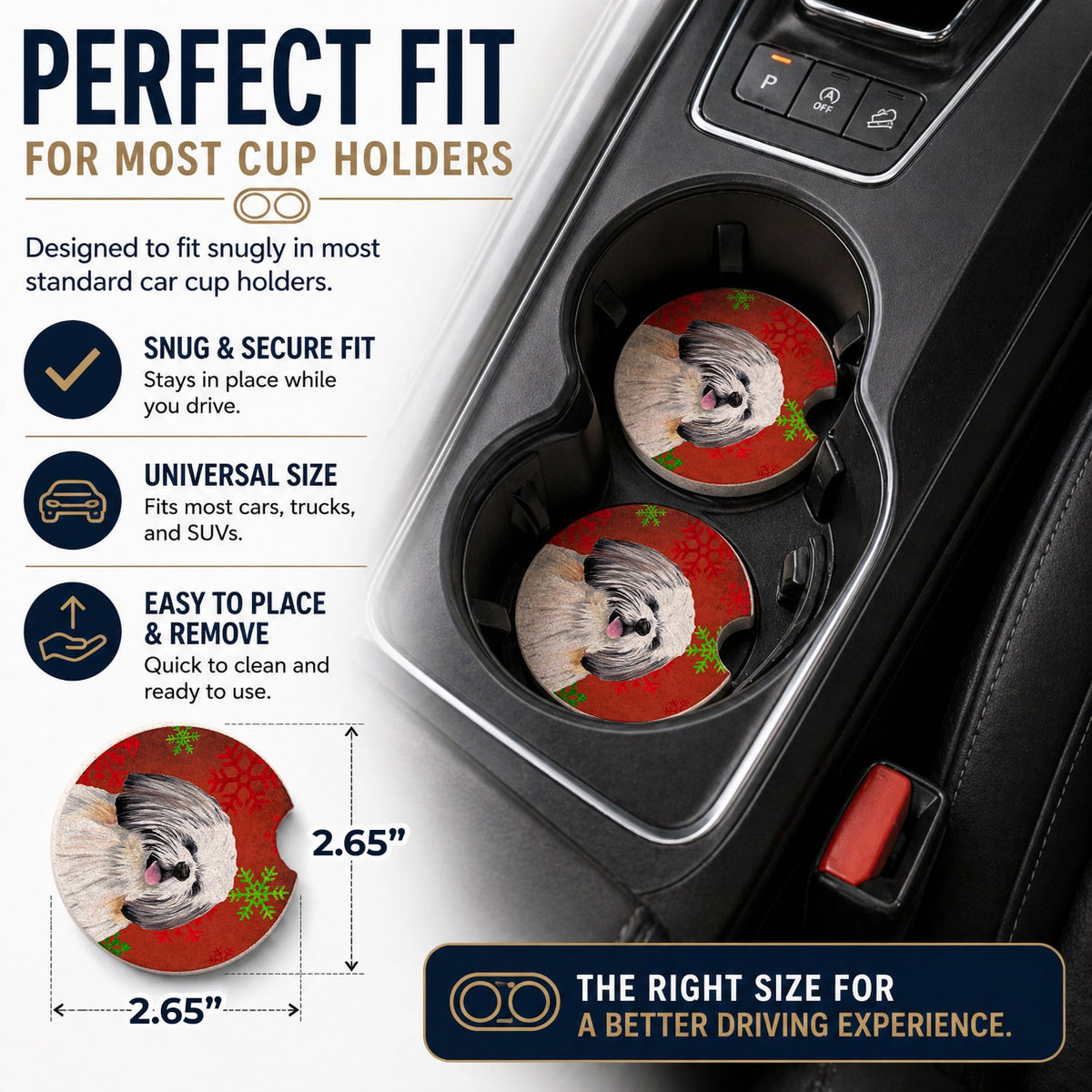 Shih Tzu Red and Green Snowflakes Holiday Christmas Set of 2 Cup Holder Car Coasters Absorbent Round Sandstone Coasters Gifts for Men or Women, 2.5, Multicolor