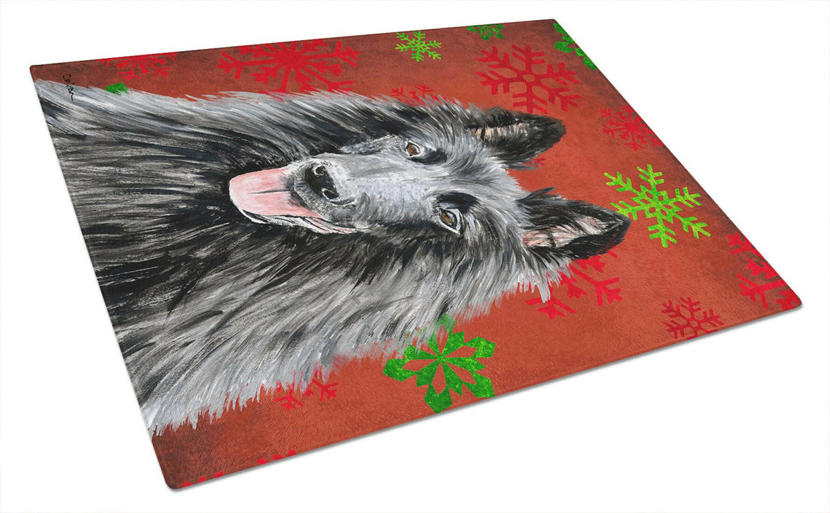 Belgian Sheepdog Red and Green Snowflakes Holiday Christmas Cutting Board Tempered Glass Kitchen Cutting Surface, Heat Resistant Chopping, Non-Slip Feet, Food Prep & Serving