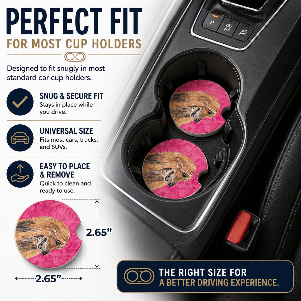 Pink Afghan Hound Set of 2 Cup Holder Car Coasters Absorbent Round Sandstone Coasters Gifts for Men or Women, 2.5, Multicolor
