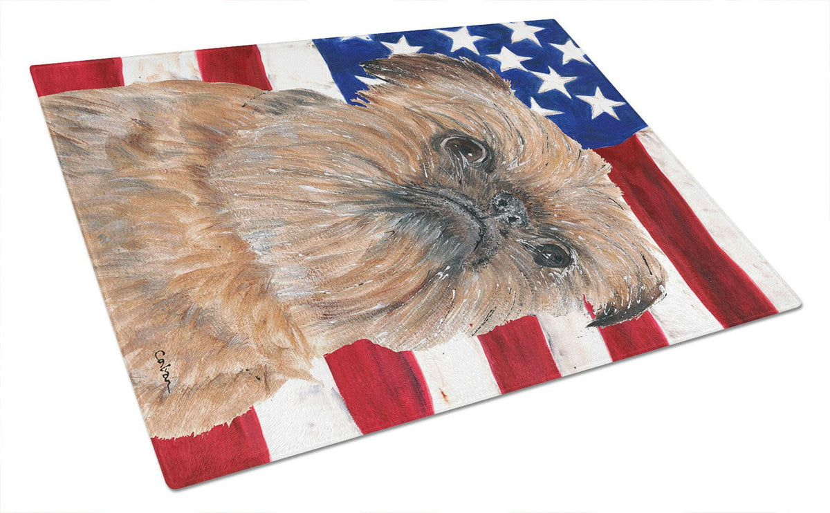 Brussels Griffon with American Flag Cutting Board Tempered Glass Kitchen Cutting Surface, Heat Resistant Chopping, Non-Slip Feet, Food Prep & Serving