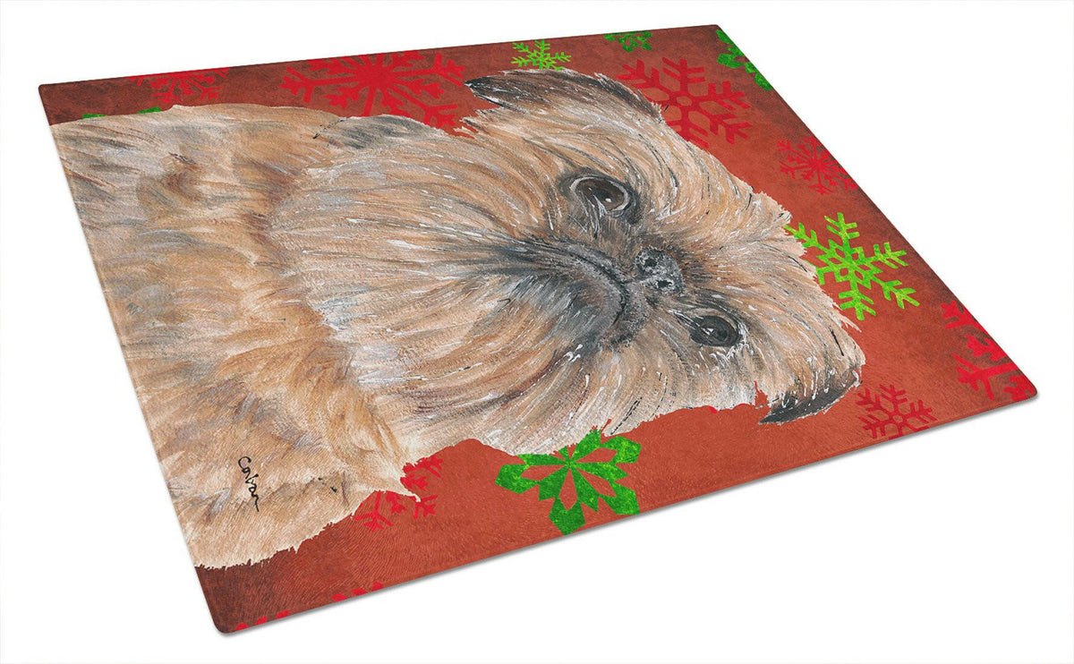 Brussels Griffon Red Snowflakes Holiday Cutting Board Tempered Glass Kitchen Cutting Surface, Heat Resistant Chopping, Non-Slip Feet, Food Prep & Serving