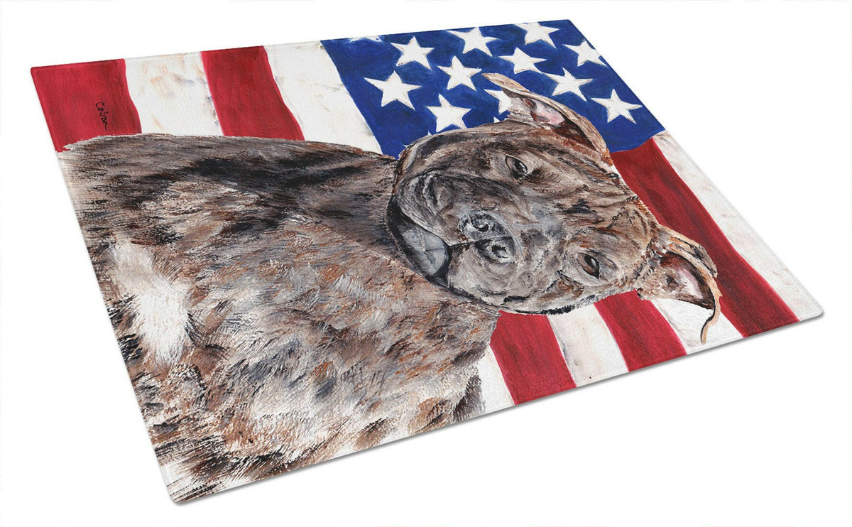 Staffordshire Bull Terrier Staffie with American Flag USA Cutting Board Tempered Glass Kitchen Cutting Surface, Heat Resistant Chopping, Non-Slip Feet, Food Prep & Serving