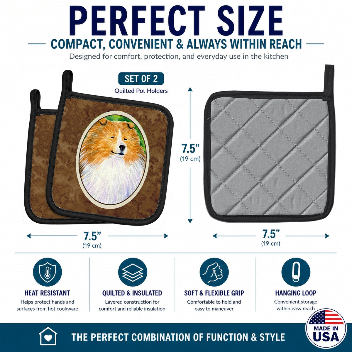 Sheltie Pot Holder Set of 2 Heat Resistant Quilted Hot Pads 7.5 x 7.5 Inch, Insulated Kitchen Trivets for Cooking & Baking