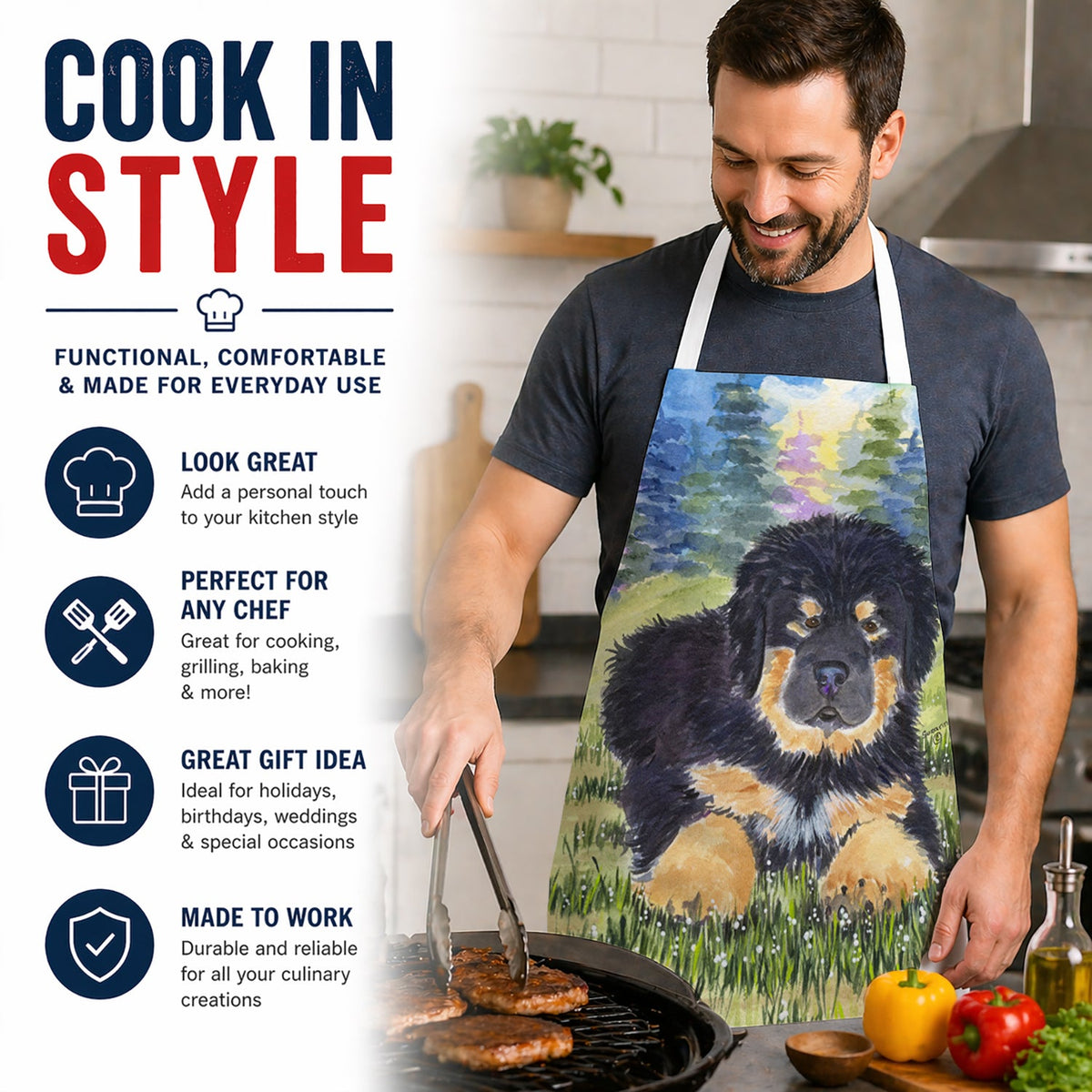 Tibetan Mastiff Apron Cooking Kitchen Server Baking Crafts Gardening for Adult Women Men, Unisex, Large, Multicolor
