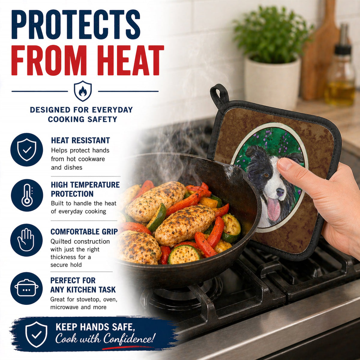 Border Collie Pot Holder Set of 2 Heat Resistant Quilted Hot Pads 7.5 x 7.5 Inch, Insulated Kitchen Trivets for Cooking & Baking