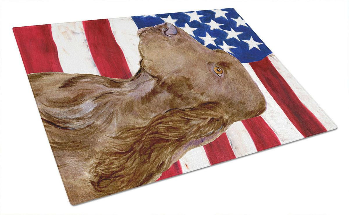 USA American Flag with Field Spaniel Cutting Board Tempered Glass Kitchen Cutting Surface, Heat Resistant Chopping, Non-Slip Feet, Food Prep & Serving