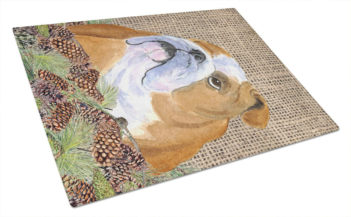 Bulldog English on Faux Burlap with Pine Cones Cutting Board Tempered Glass Kitchen Cutting Surface, Heat Resistant Chopping, Non-Slip Feet, Food Prep & Serving