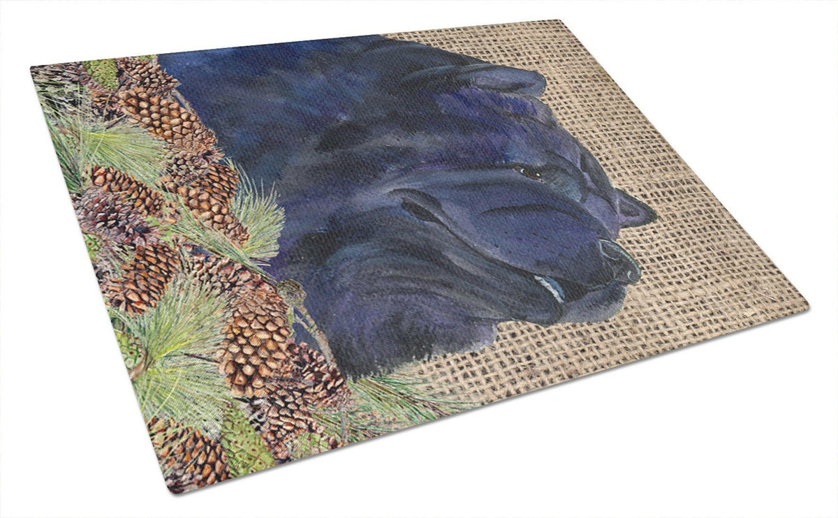 Chow Chow on Faux Burlap with Pine Cones Cutting Board Tempered Glass Kitchen Cutting Surface, Heat Resistant Chopping, Non-Slip Feet, Food Prep & Serving