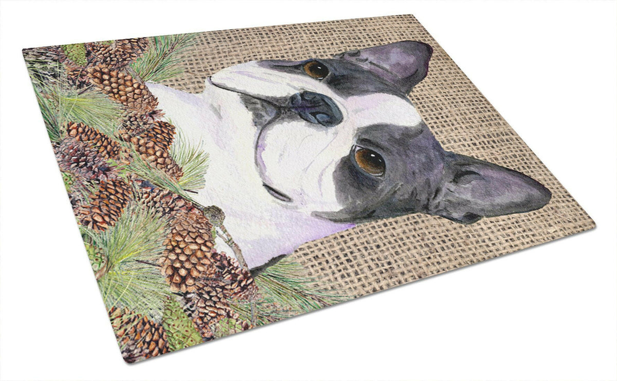 Boston Terrier on Faux Burlap with Pine Cones Cutting Board Tempered Glass Kitchen Cutting Surface, Heat Resistant Chopping, Non-Slip Feet, Food Prep & Serving