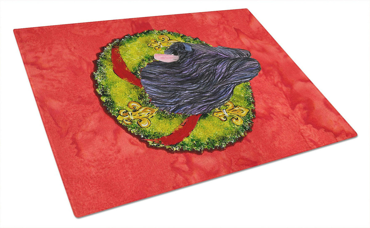 Briard Cristmas Wreath Cutting Board Tempered Glass Kitchen Cutting Surface, Heat Resistant Chopping, Non-Slip Feet, Food Prep & Serving