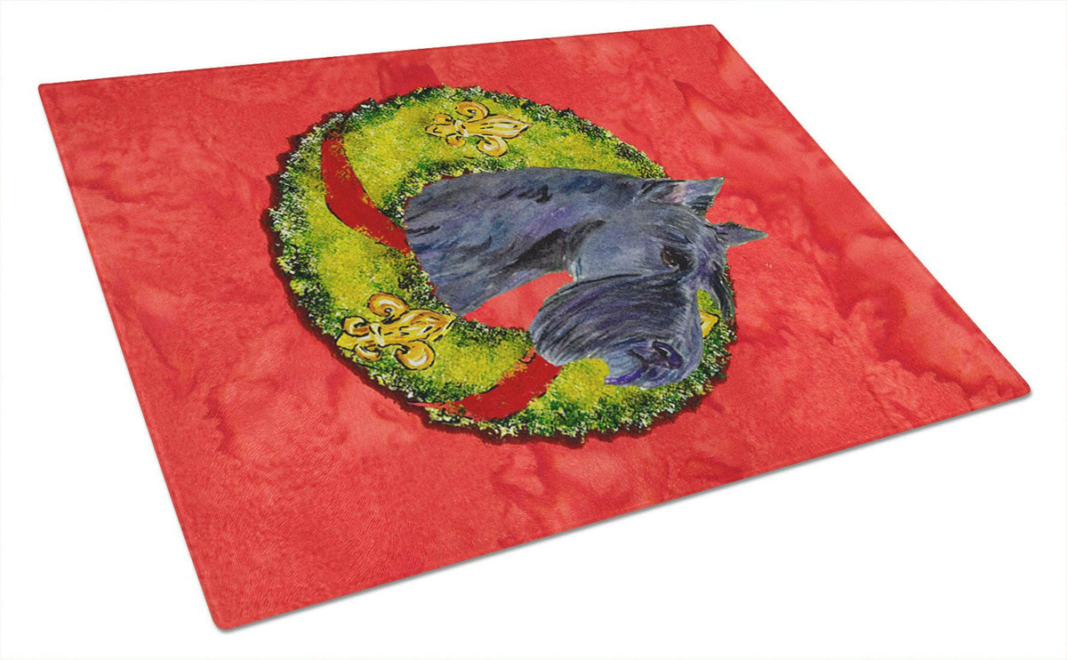 Scottish Terrier Cristmas Wreath Cutting Board Tempered Glass Kitchen Cutting Surface, Heat Resistant Chopping, Non-Slip Feet, Food Prep & Serving