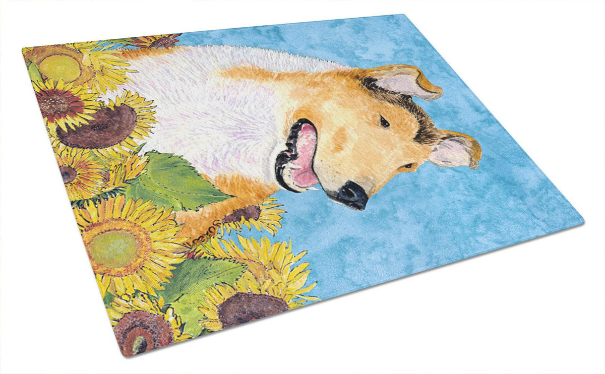 Collie Smooth in Summer Flowers Cutting Board Tempered Glass Kitchen Cutting Surface, Heat Resistant Chopping, Non-Slip Feet, Food Prep & Serving