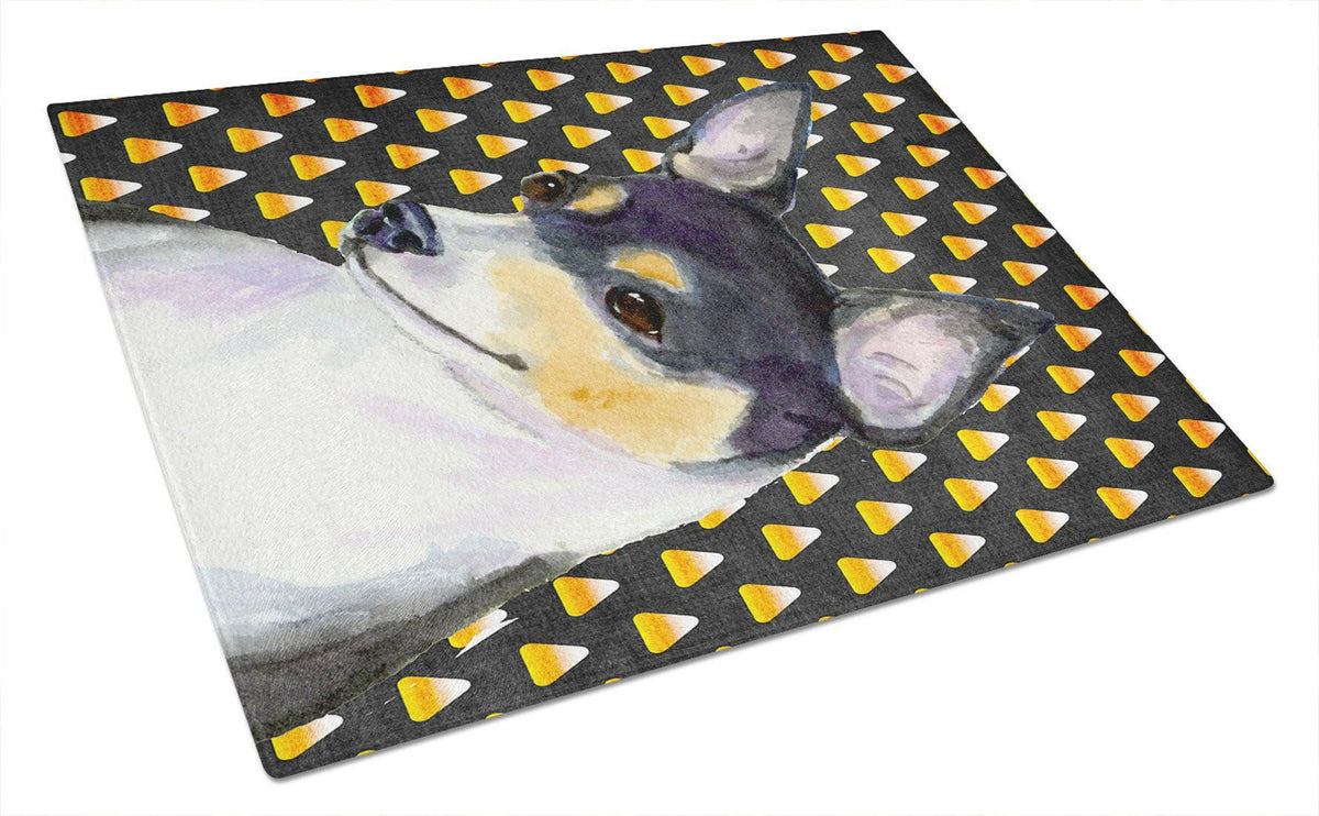 Chihuahua Candy Corn Halloween Portrait Cutting Board Tempered Glass Kitchen Cutting Surface, Heat Resistant Chopping, Non-Slip Feet, Food Prep & Serving