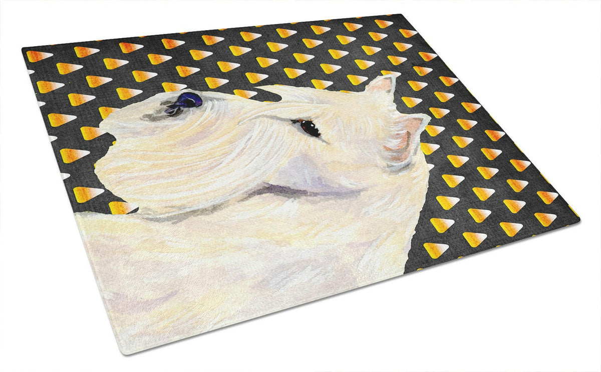 Scottish Terrier Wheaten Candy Corn Halloween Portrait Cutting Board Tempered Glass Kitchen Cutting Surface, Heat Resistant Chopping, Non-Slip Feet, Food Prep & Serving
