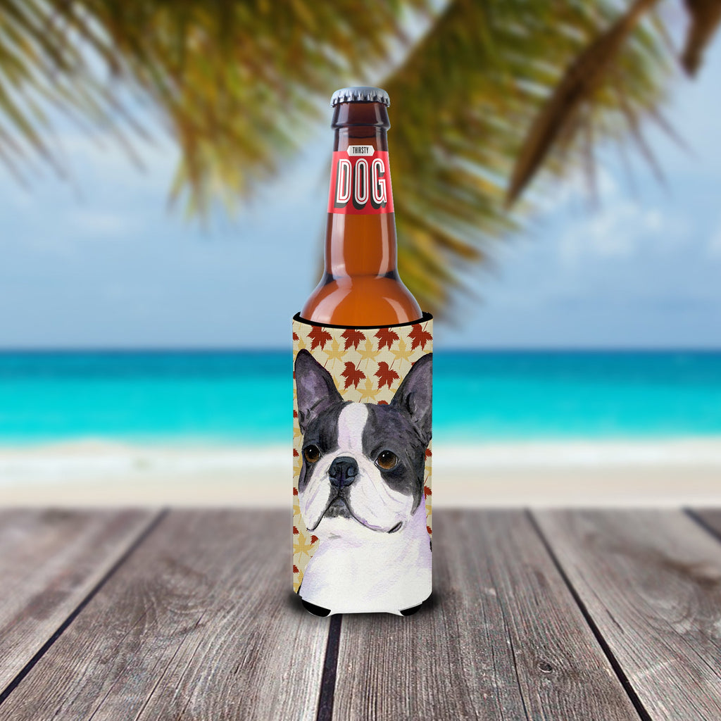 Boston Terrier Fall Leaves Portrait Slim Can Hugger , Insulated Foam Hugger for 12 oz Slim Cans, Beer Bottles & Water Bottles, Printed in USA