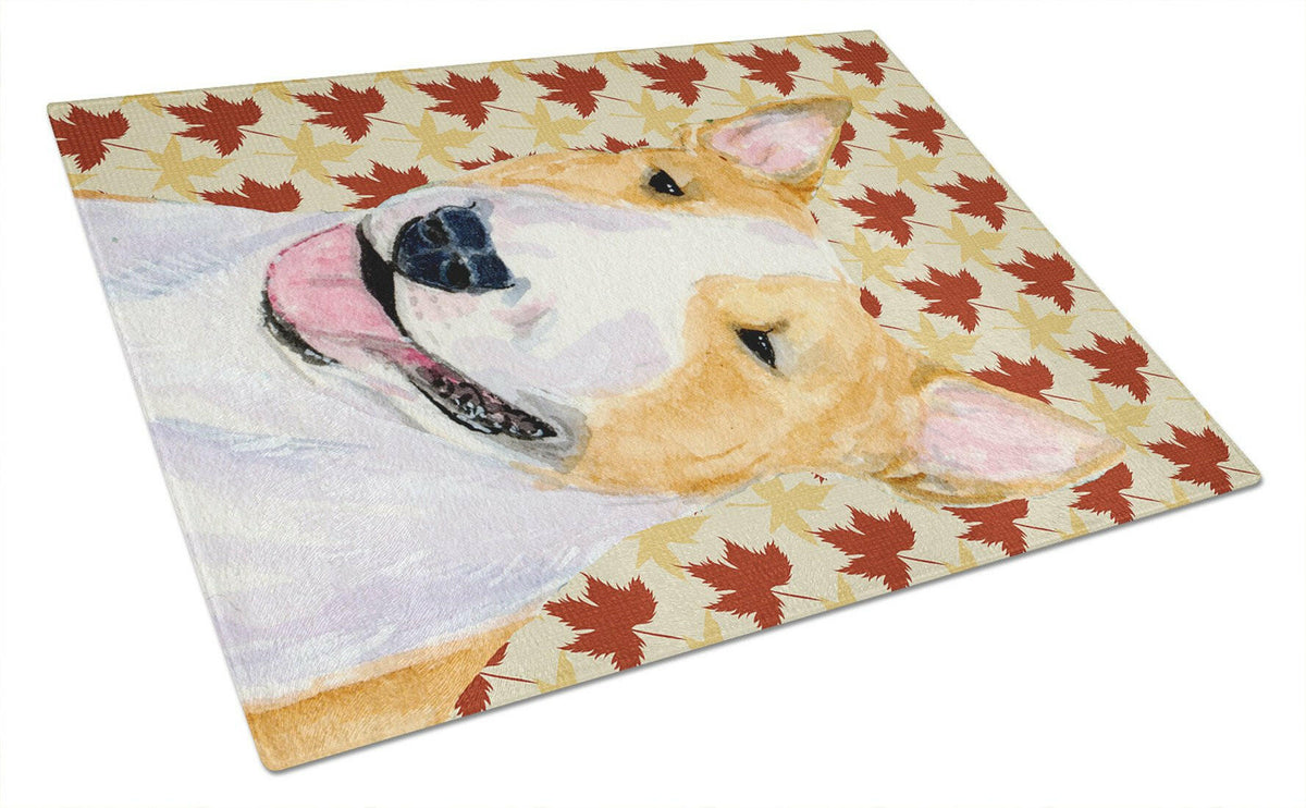 Bull Terrier Fall Leaves Portrait Cutting Board Tempered Glass Kitchen Cutting Surface, Heat Resistant Chopping, Non-Slip Feet, Food Prep & Serving