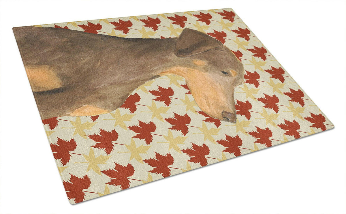 Doberman Fall Leaves Portrait Cutting Board Tempered Glass Kitchen Cutting Surface, Heat Resistant Chopping, Non-Slip Feet, Food Prep & Serving