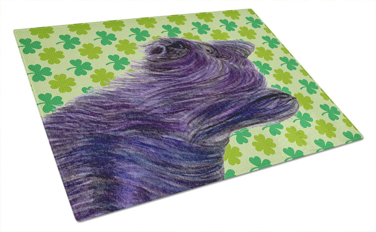 Skye Terrier St. Patrick's Day Shamrock Portrait Cutting Board Tempered Glass Kitchen Cutting Surface, Heat Resistant Chopping, Non-Slip Feet, Food Prep & Serving