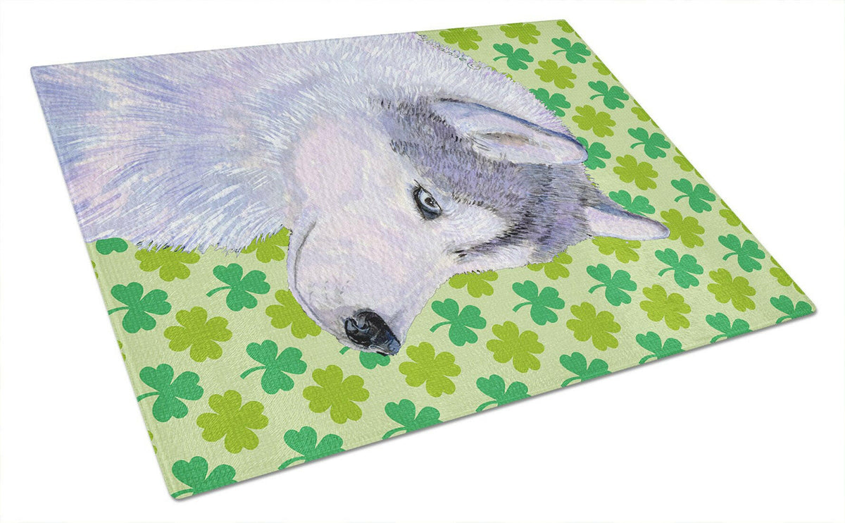 Siberian Husky St. Patrick's Day Shamrock Portrait Cutting Board Tempered Glass Kitchen Cutting Surface, Heat Resistant Chopping, Non-Slip Feet, Food Prep & Serving