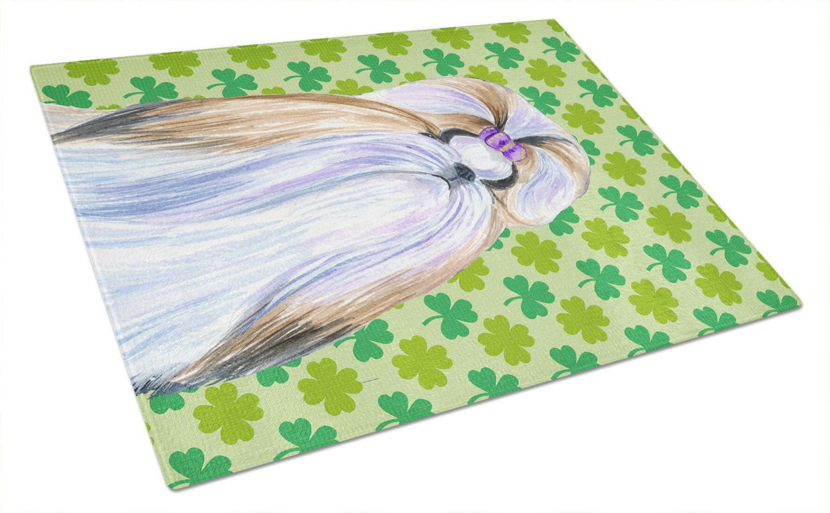 Shih Tzu St. Patrick's Day Shamrock Portrait Cutting Board Tempered Glass Kitchen Cutting Surface, Heat Resistant Chopping, Non-Slip Feet, Food Prep & Serving
