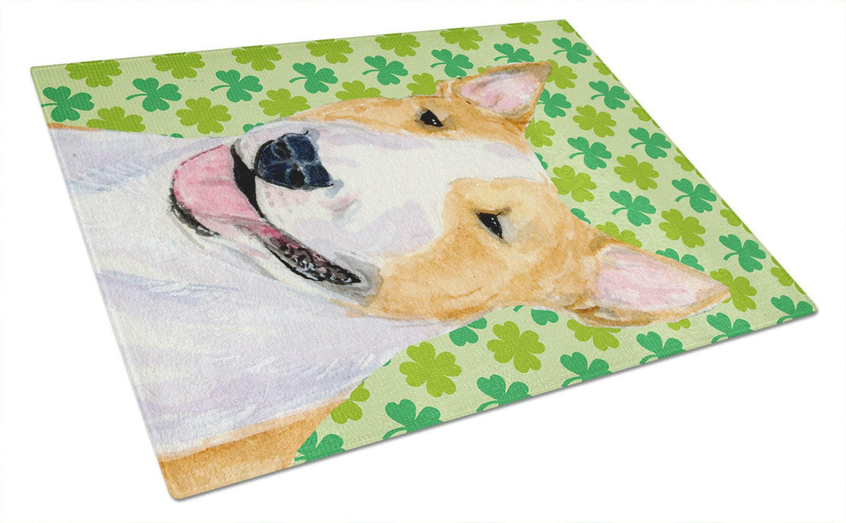 Bull Terrier St. Patrick's Day Shamrock Portrait Cutting Board Tempered Glass Kitchen Cutting Surface, Heat Resistant Chopping, Non-Slip Feet, Food Prep & Serving