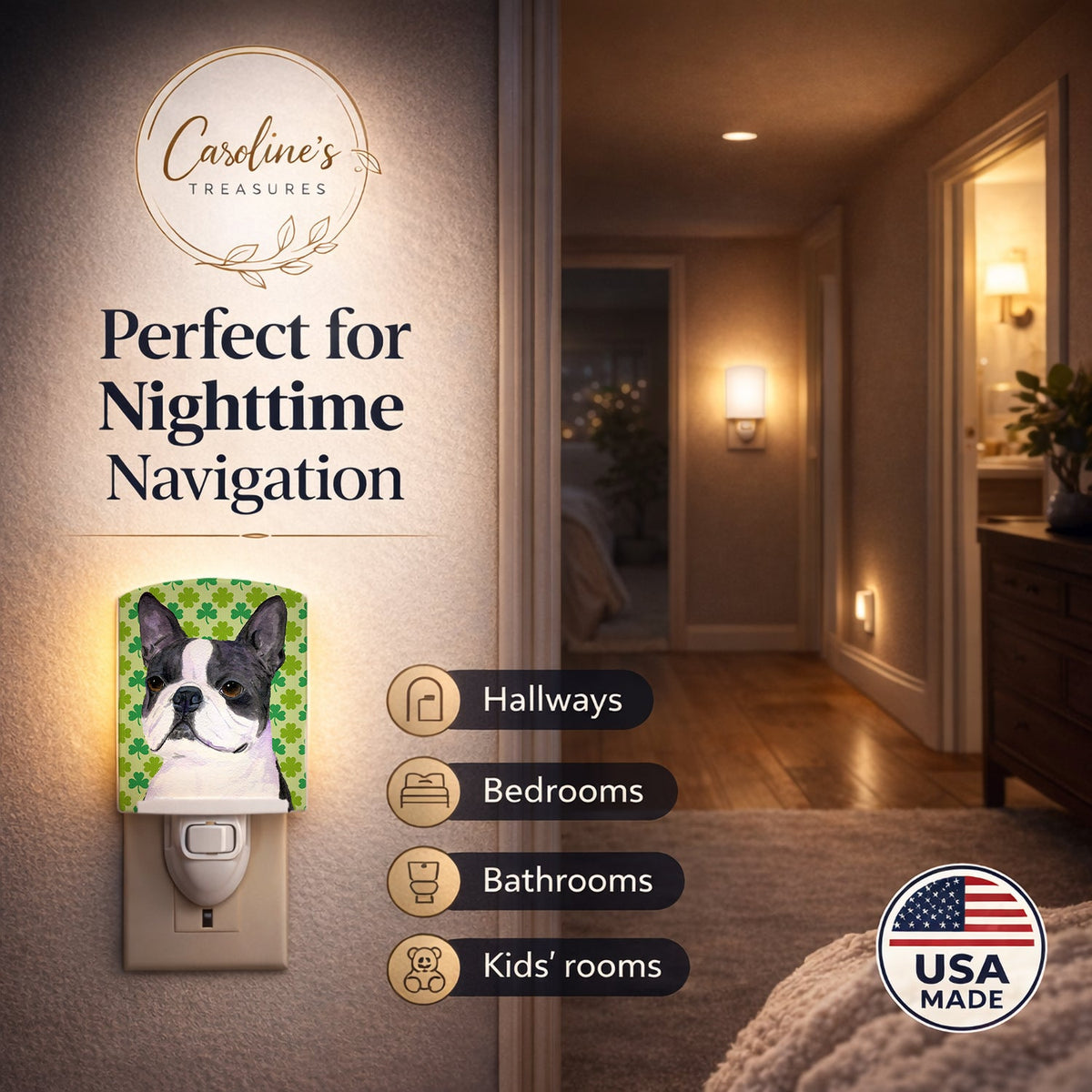 Boston Terrier St. Patrick's Day Shamrock Portrait Ceramic Night Light Compact, UL-Certified, Ideal for Bedroom, Bathroom, Nursery, Hallway, Kitchen, 6x4x3, Multicolor